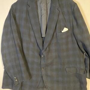 VTG CAMPUS SPORTS COAT BLAZER PLAID BLUE BLACK WOOL Size 50-52 RARE